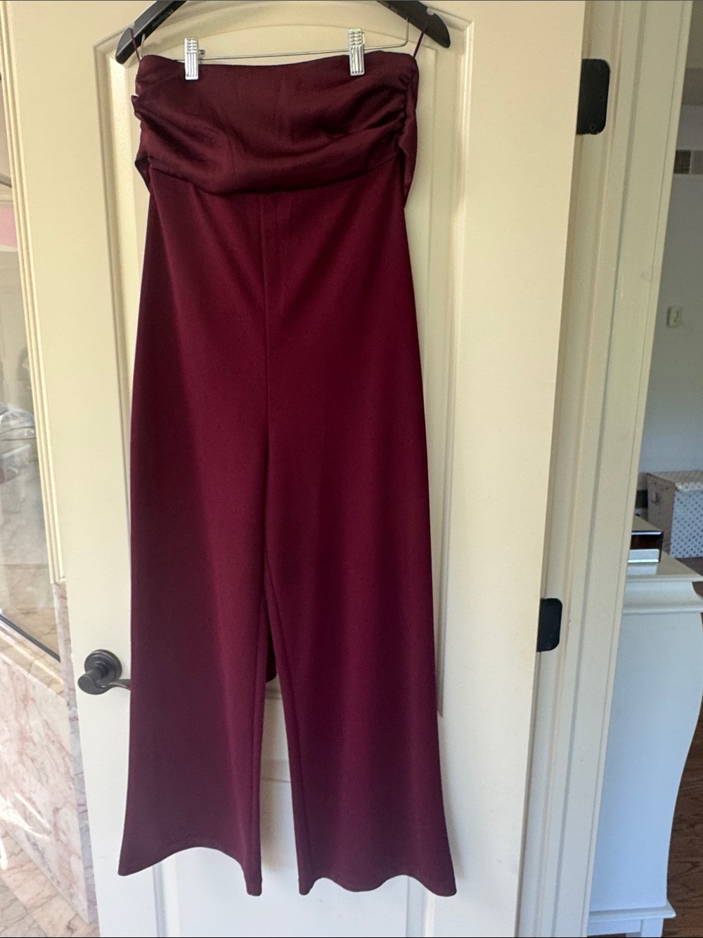 Express Strapless Wide-Leg Jumpsuit in Burgundy Wine